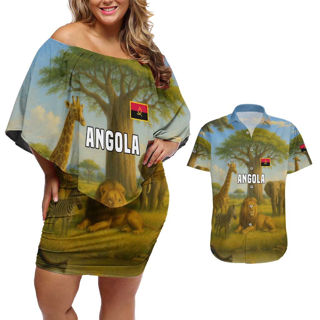 Angola Couples Matching Off Shoulder Short Dress and Hawaiian Shirt with Savannah Wildlife Design and African Animal - Wonder Print Shop