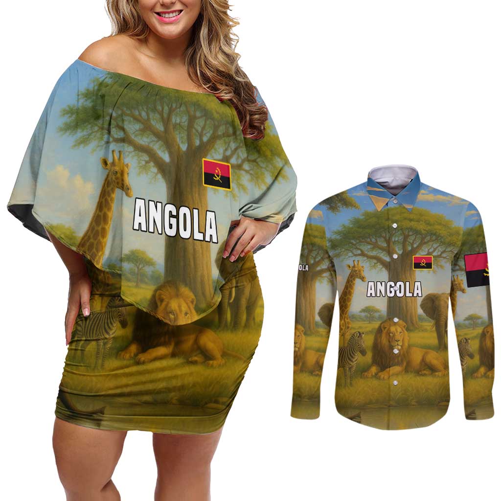 Angola Couples Matching Off Shoulder Short Dress and Long Sleeve Button Shirt with Savannah Wildlife Design and African Animal - Wonder Print Shop