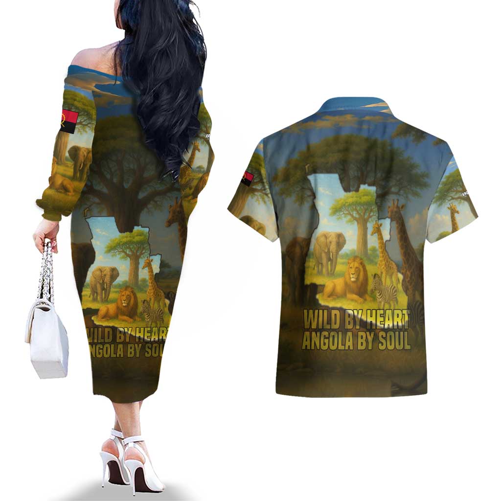 Angola Couples Matching Off The Shoulder Long Sleeve Dress and Hawaiian Shirt with Savannah Wildlife Design and African Animal - Wonder Print Shop
