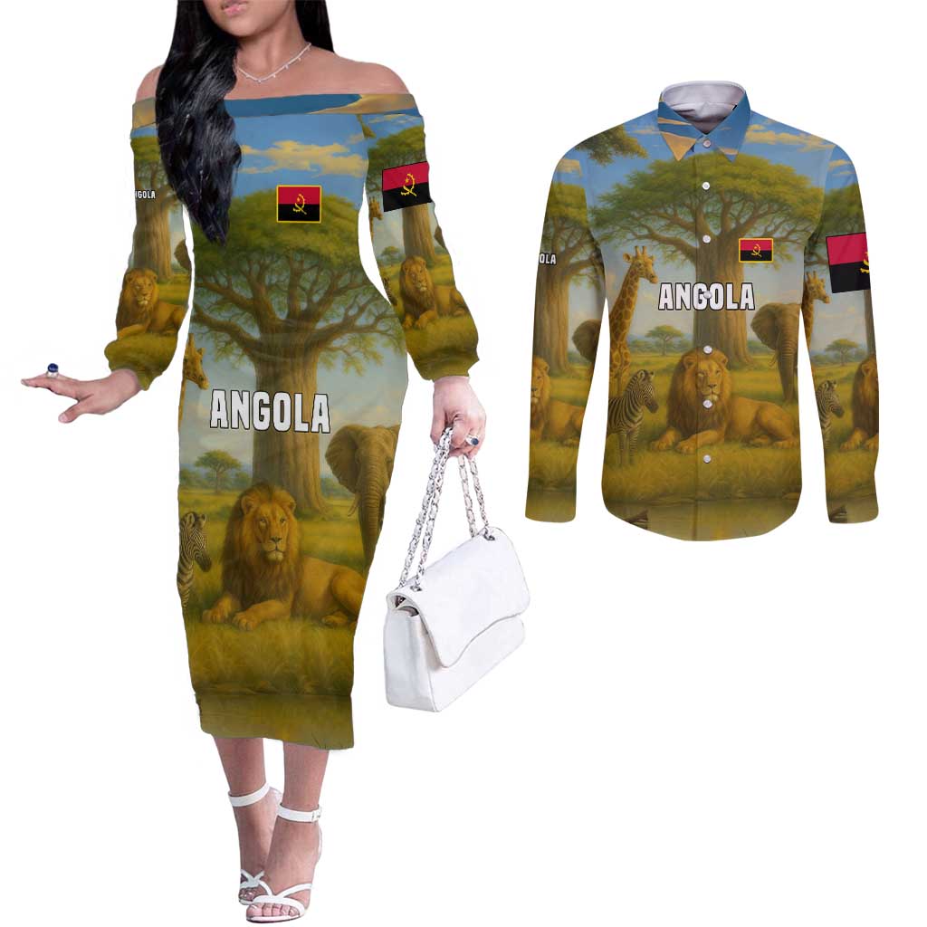 Angola Couples Matching Off The Shoulder Long Sleeve Dress and Long Sleeve Button Shirt with Savannah Wildlife Design and African Animal - Wonder Print Shop