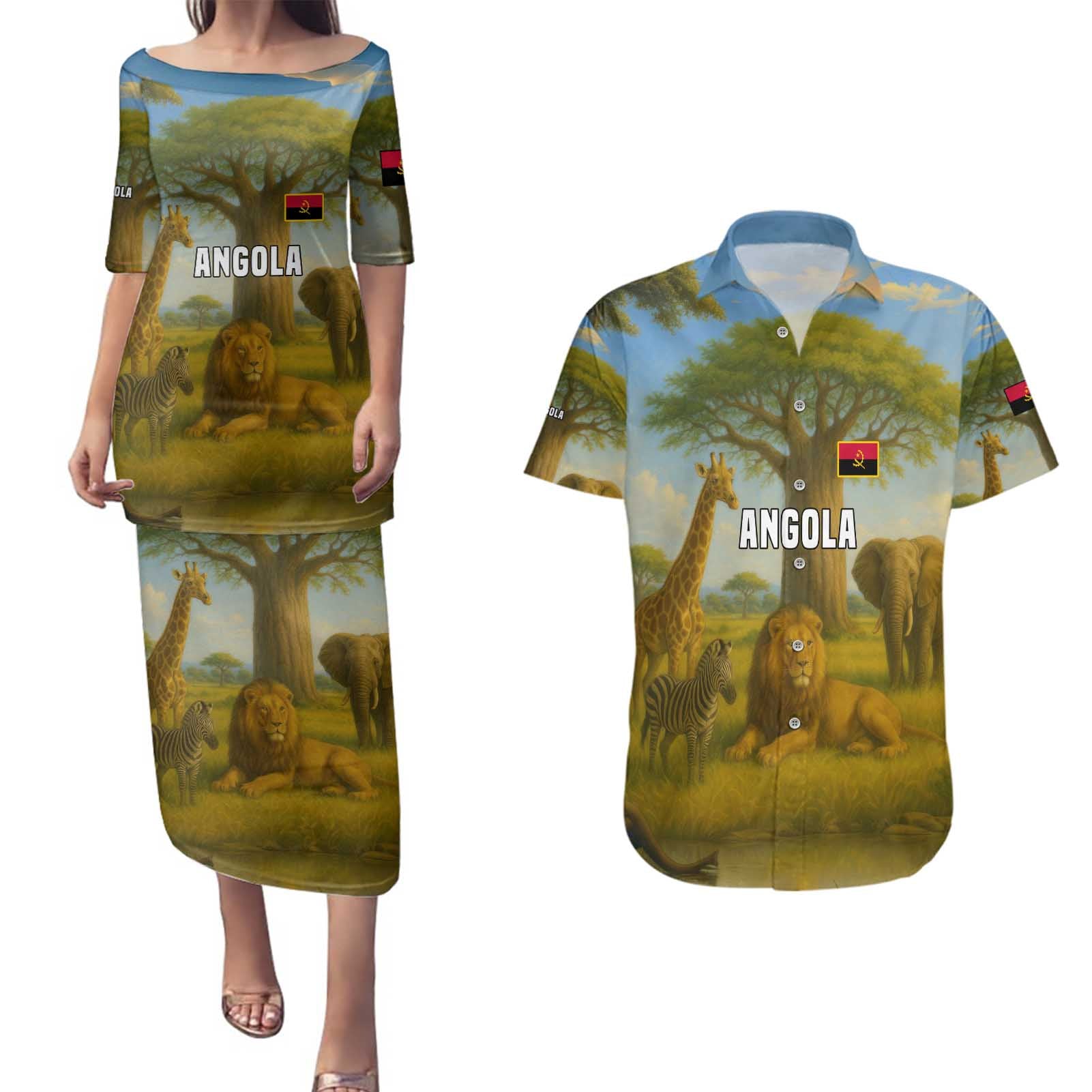 Angola Couples Matching Puletasi and Hawaiian Shirt with Savannah Wildlife Design and African Animal - Wonder Print Shop