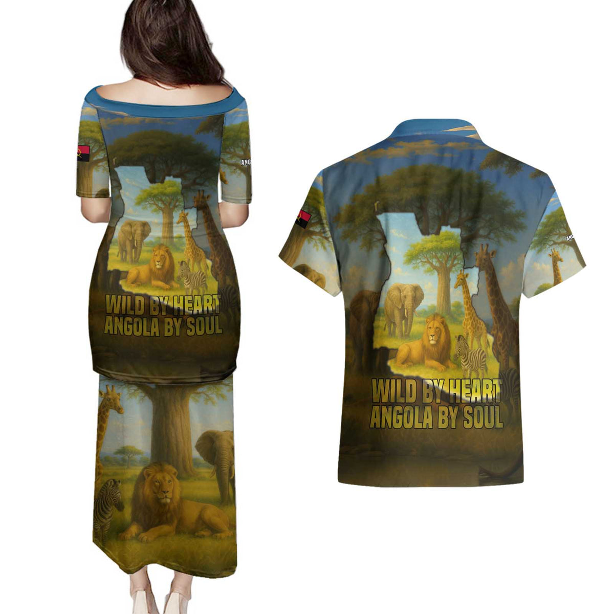 Angola Couples Matching Puletasi and Hawaiian Shirt with Savannah Wildlife Design and African Animal - Wonder Print Shop