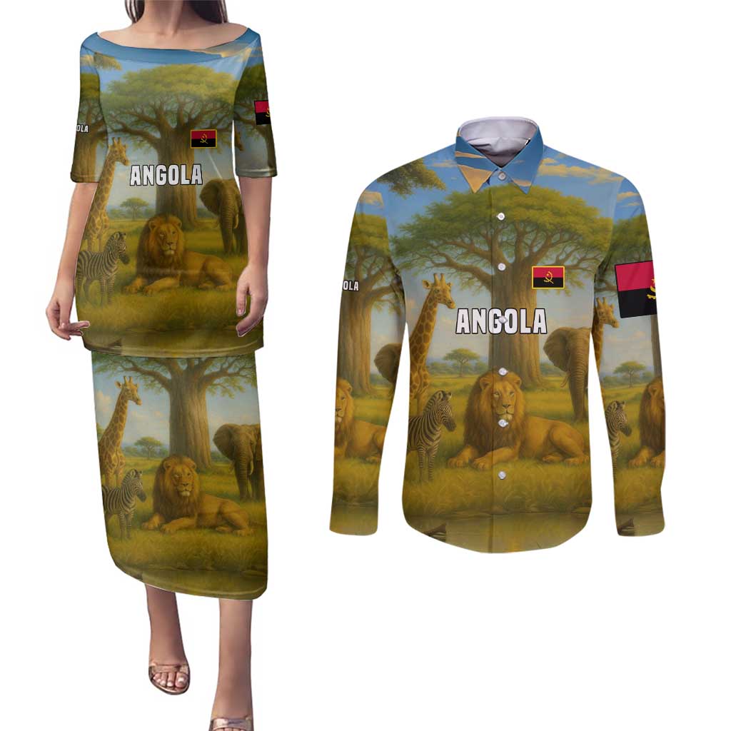Angola Couples Matching Puletasi and Long Sleeve Button Shirt with Savannah Wildlife Design and African Animal - Wonder Print Shop
