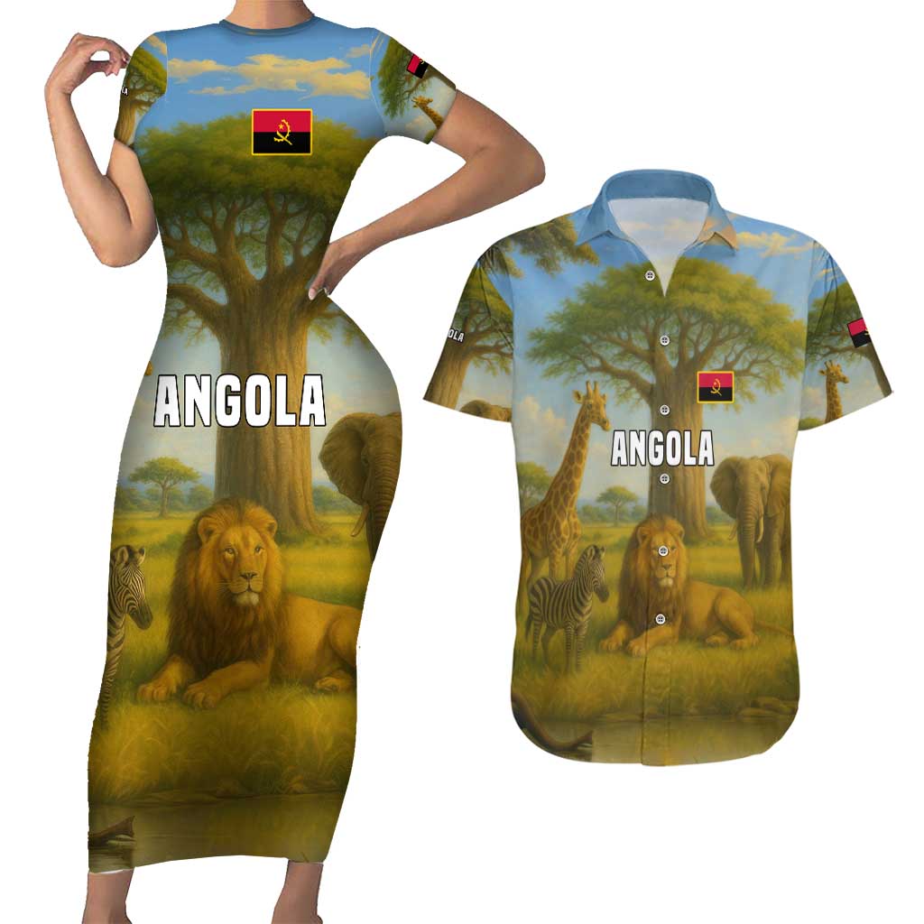 Angola Couples Matching Short Sleeve Bodycon Dress and Hawaiian Shirt with Savannah Wildlife Design and African Animal - Wonder Print Shop