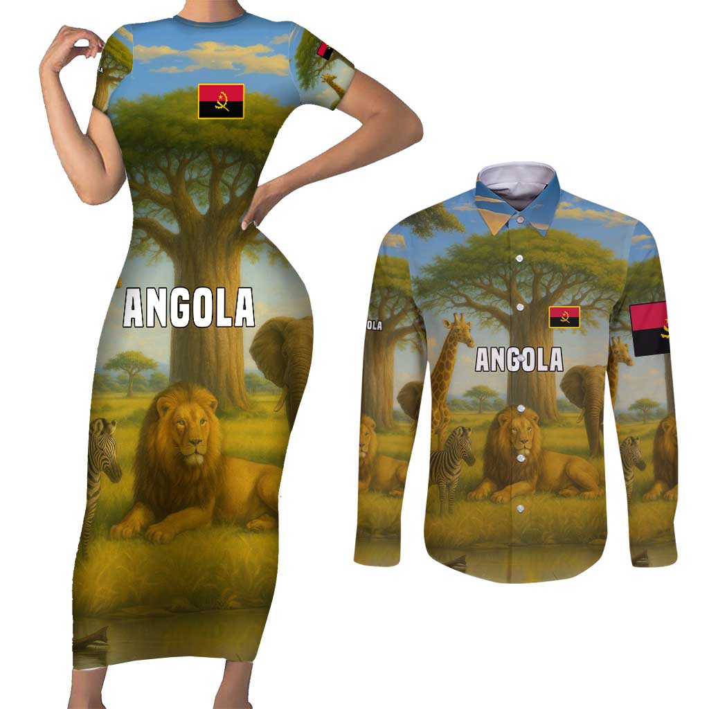 Angola Couples Matching Short Sleeve Bodycon Dress and Long Sleeve Button Shirt with Savannah Wildlife Design and African Animal - Wonder Print Shop