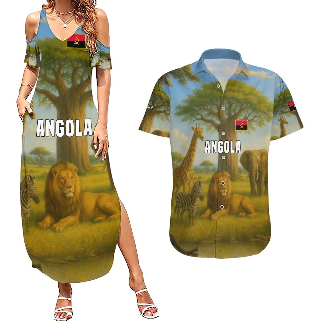 Angola Couples Matching Summer Maxi Dress and Hawaiian Shirt with Savannah Wildlife Design and African Animal - Wonder Print Shop
