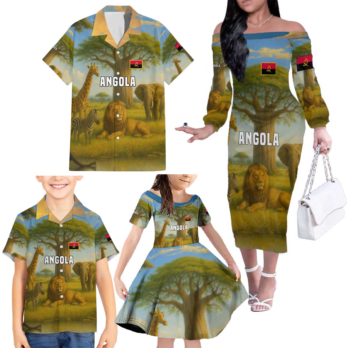 Angola Family Matching Off The Shoulder Long Sleeve Dress and Hawaiian Shirt with Savannah Wildlife Design and African Animal - Wonder Print Shop