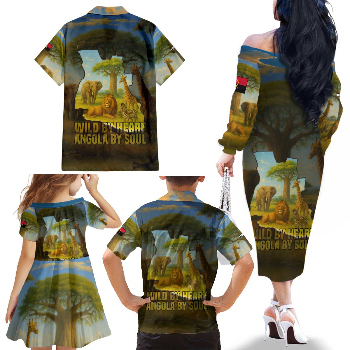Angola Family Matching Off The Shoulder Long Sleeve Dress and Hawaiian Shirt with Savannah Wildlife Design and African Animal - Wonder Print Shop