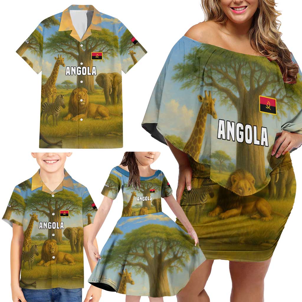 Angola Family Matching Off Shoulder Short Dress and Hawaiian Shirt with Savannah Wildlife Design and African Animal - Wonder Print Shop