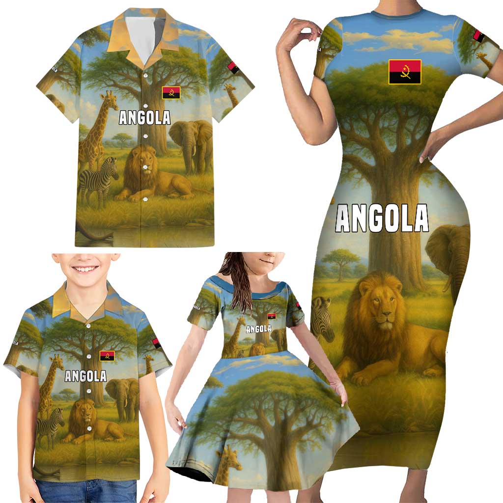Angola Family Matching Short Sleeve Bodycon Dress and Hawaiian Shirt with Savannah Wildlife Design and African Animal - Wonder Print Shop