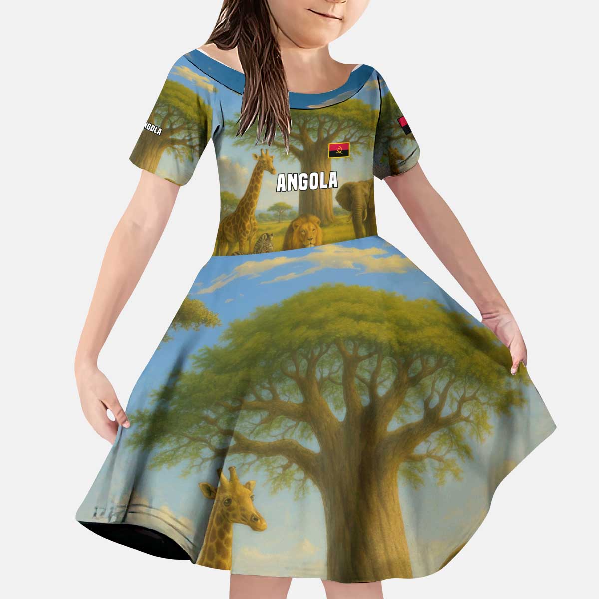 Angola Kid Short Sleeve Dress with Savannah Wildlife Design and African Animal - Wonder Print Shop