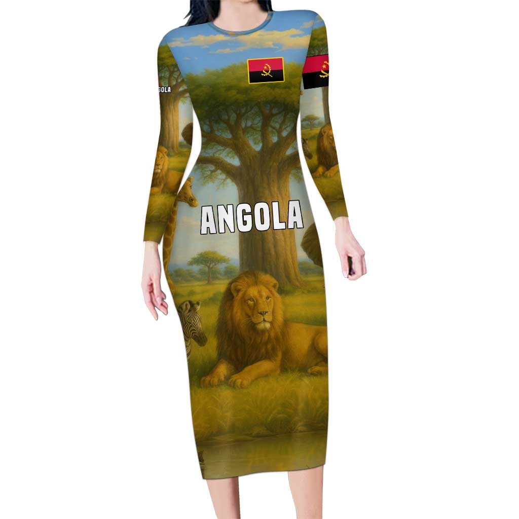 Angola Long Sleeve Bodycon Dress with Savannah Wildlife Design and African Animal - Wonder Print Shop