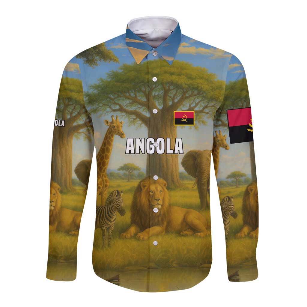 Angola Long Sleeve Button Shirt with Savannah Wildlife Design and African Animal - Wonder Print Shop