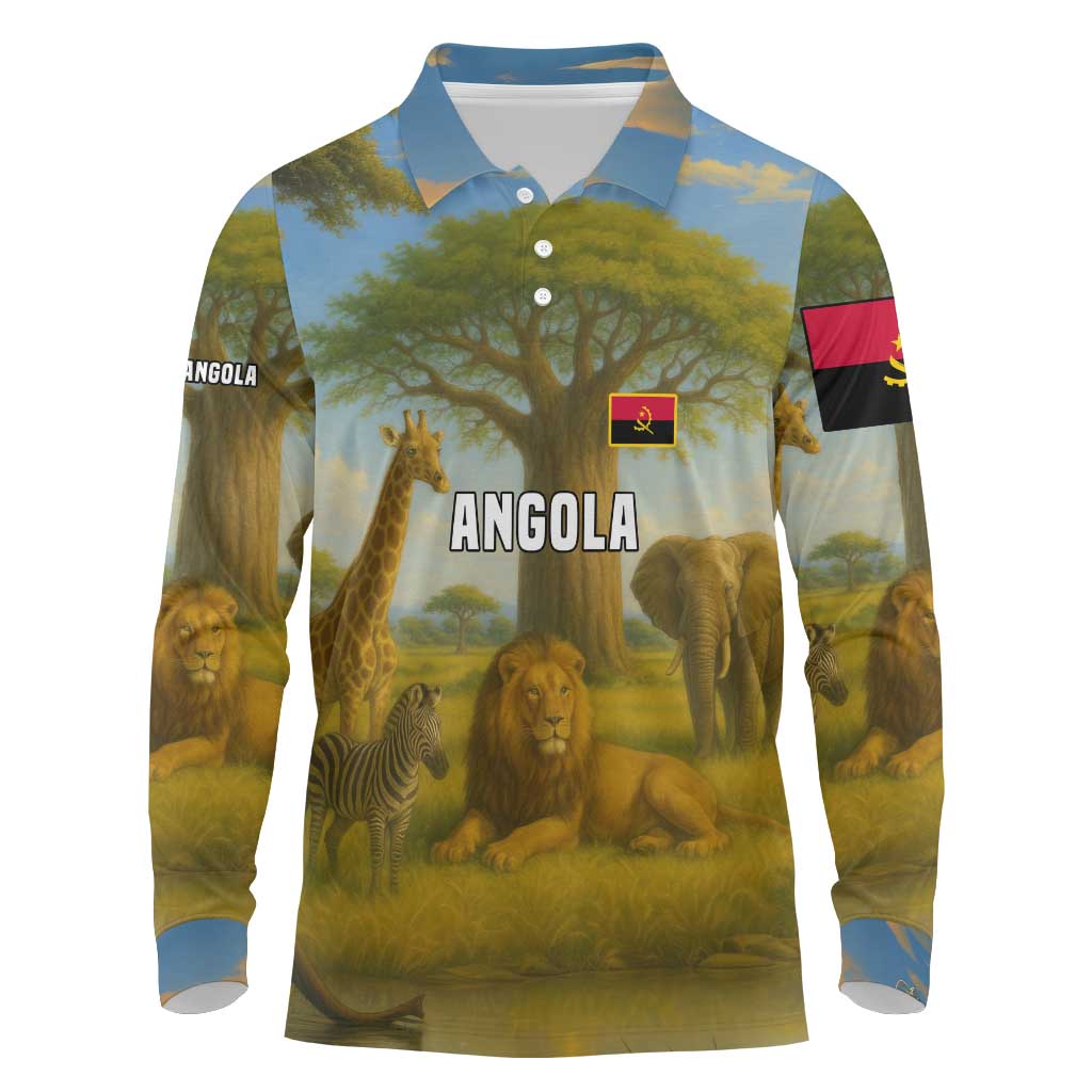 Angola Long Sleeve Polo Shirt with Savannah Wildlife Design and African Animal - Wonder Print Shop