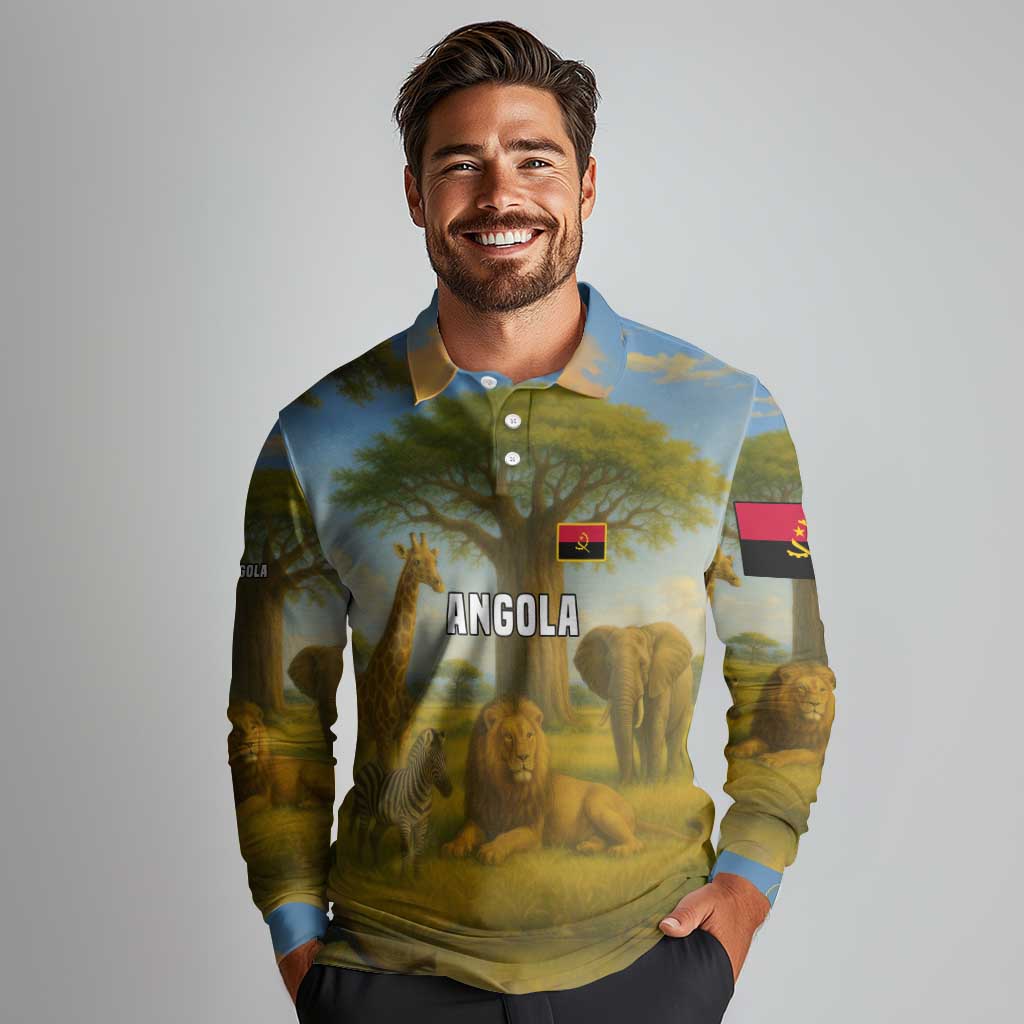 Angola Long Sleeve Polo Shirt with Savannah Wildlife Design and African Animal - Wonder Print Shop