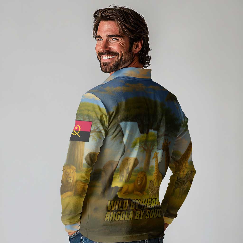 Angola Long Sleeve Polo Shirt with Savannah Wildlife Design and African Animal - Wonder Print Shop