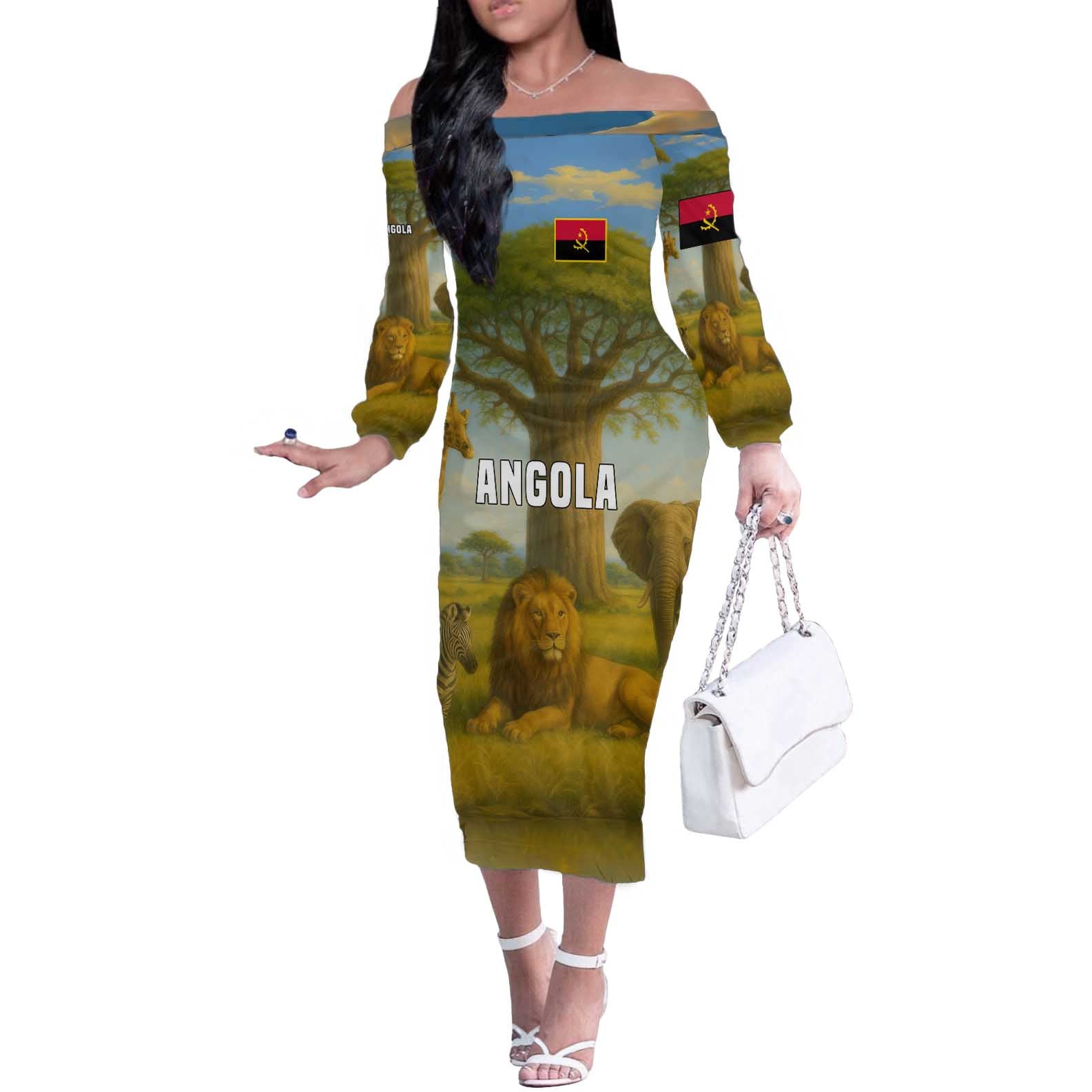 Angola Off The Shoulder Long Sleeve Dress with Savannah Wildlife Design and African Animal - Wonder Print Shop