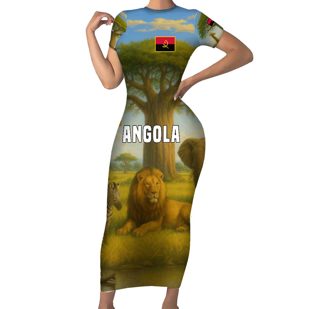 Angola Short Sleeve Bodycon Dress with Savannah Wildlife Design and African Animal - Wonder Print Shop