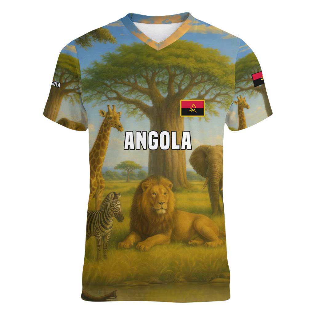 Angola Women V-Neck T-Shirt with Savannah Wildlife Design and African Animal - Wonder Print Shop