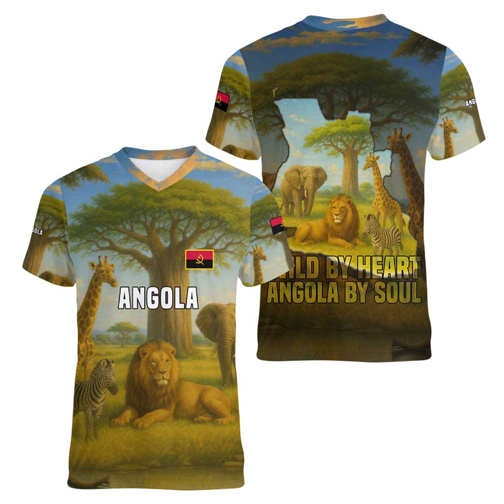 Angola Women V-Neck T-Shirt with Savannah Wildlife Design and African Animal - Wonder Print Shop