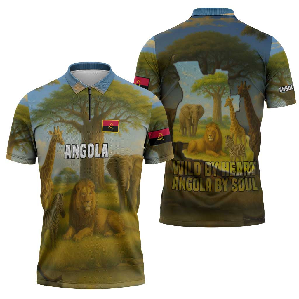 Angola Zipper Polo Shirt with Savannah Wildlife Design and African Animal - Wonder Print Shop