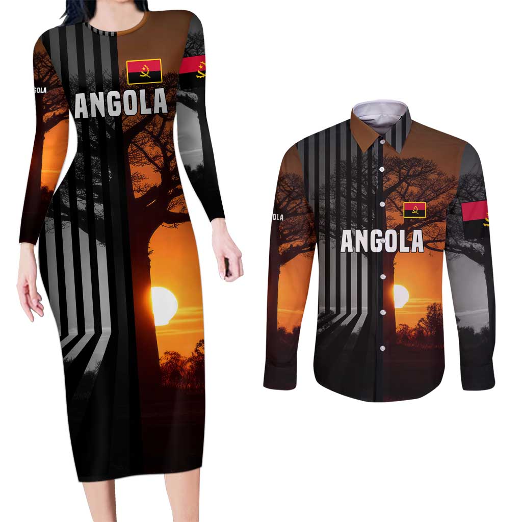 Angola Couples Matching Long Sleeve Bodycon Dress and Long Sleeve Button Shirt with Sunset Zebra Design and African Nature - Wonder Print Shop