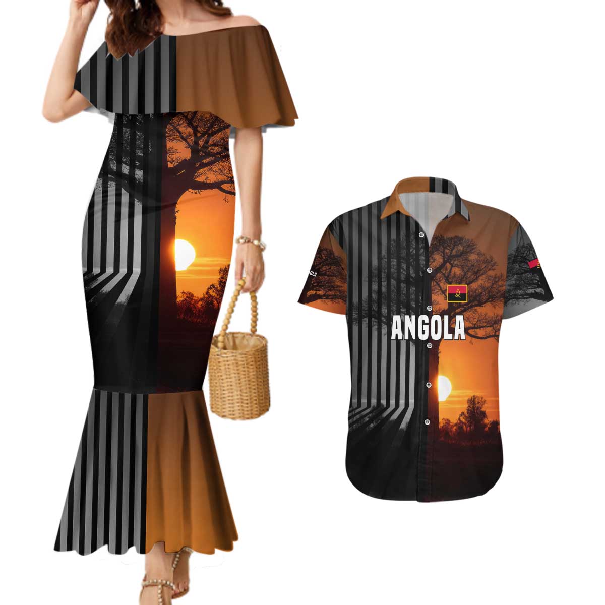 Angola Couples Matching Mermaid Dress and Hawaiian Shirt with Sunset Zebra Design and African Nature - Wonder Print Shop