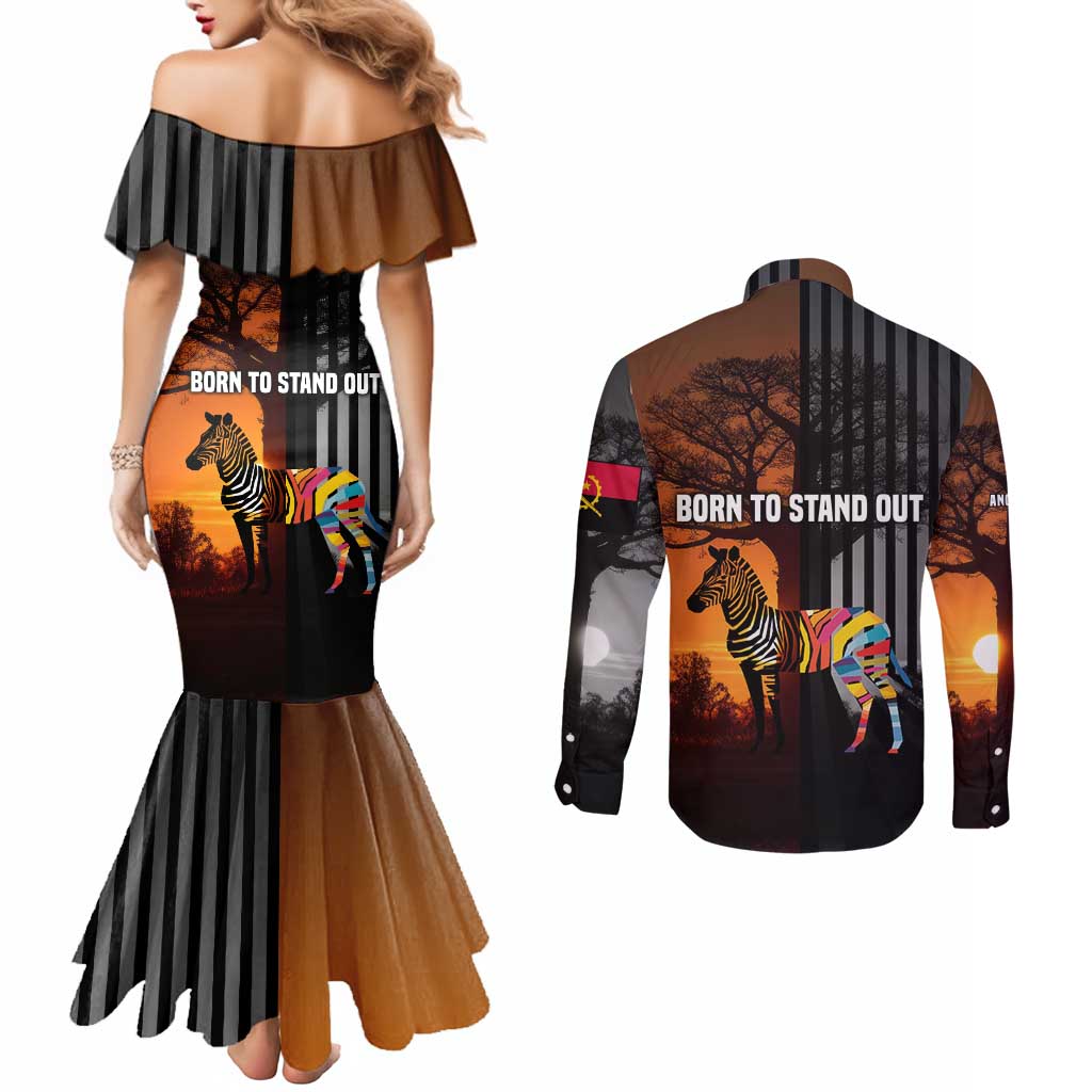 Angola Couples Matching Mermaid Dress and Long Sleeve Button Shirt with Sunset Zebra Design and African Nature - Wonder Print Shop