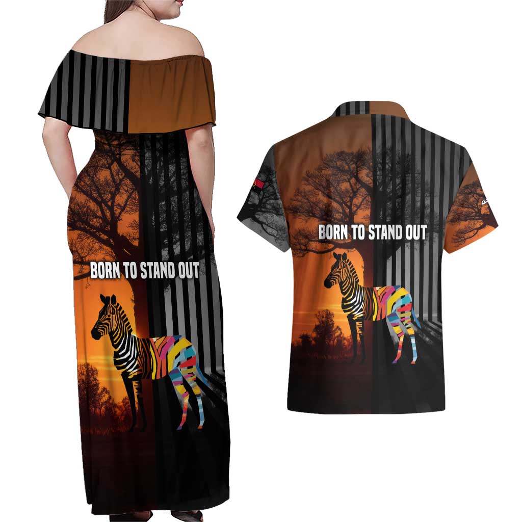 Angola Couples Matching Off Shoulder Maxi Dress and Hawaiian Shirt with Sunset Zebra Design and African Nature - Wonder Print Shop