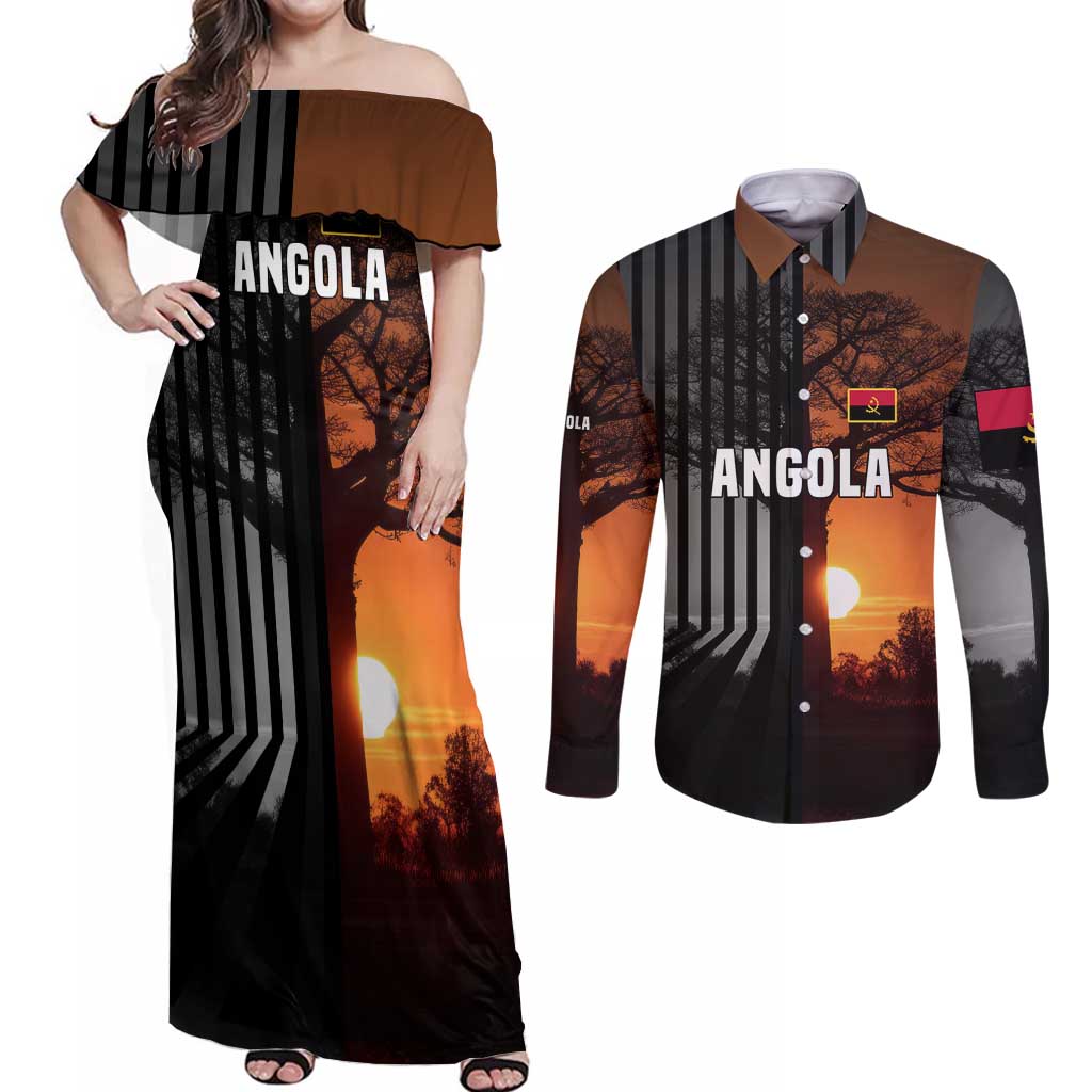 Angola Couples Matching Off Shoulder Maxi Dress and Long Sleeve Button Shirt with Sunset Zebra Design and African Nature - Wonder Print Shop