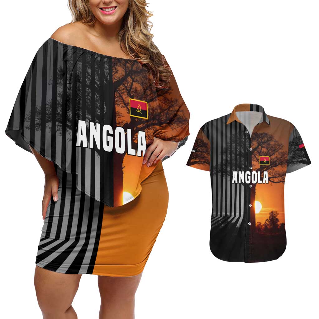 Angola Couples Matching Off Shoulder Short Dress and Hawaiian Shirt with Sunset Zebra Design and African Nature - Wonder Print Shop