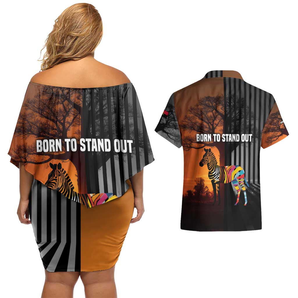 Angola Couples Matching Off Shoulder Short Dress and Hawaiian Shirt with Sunset Zebra Design and African Nature - Wonder Print Shop