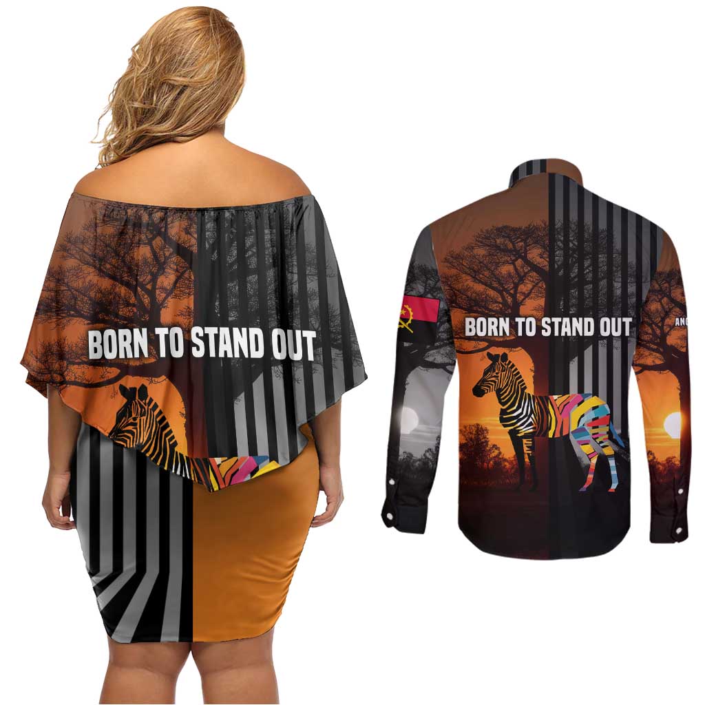 Angola Couples Matching Off Shoulder Short Dress and Long Sleeve Button Shirt with Sunset Zebra Design and African Nature - Wonder Print Shop