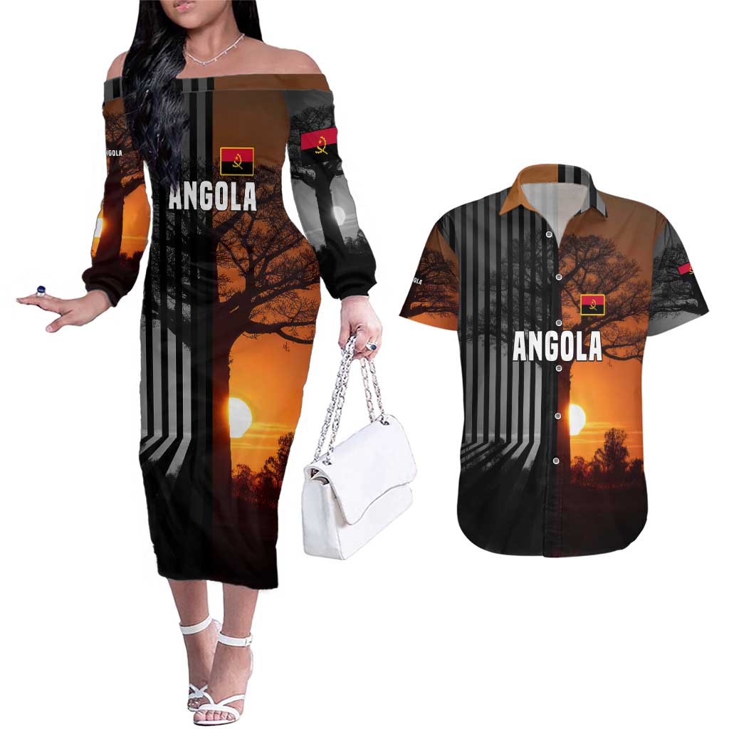 Angola Couples Matching Off The Shoulder Long Sleeve Dress and Hawaiian Shirt with Sunset Zebra Design and African Nature - Wonder Print Shop