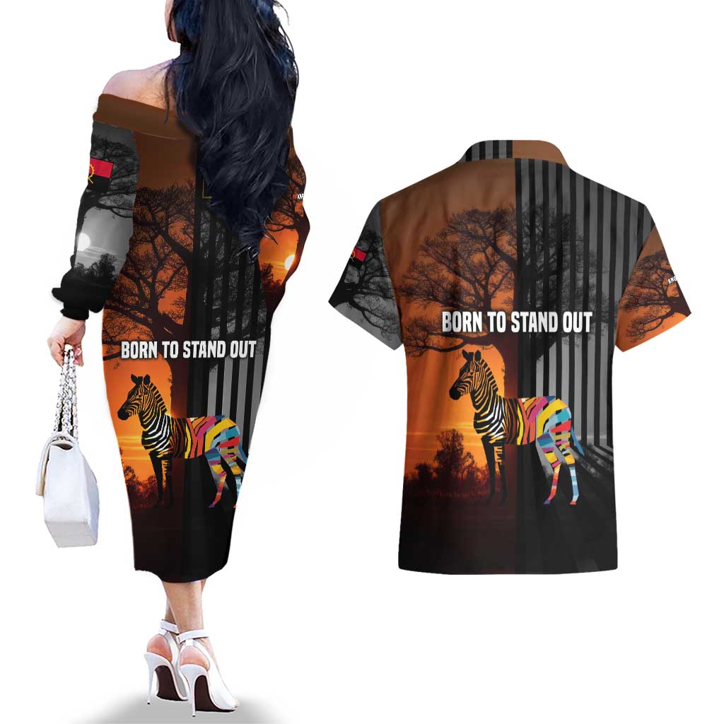 Angola Couples Matching Off The Shoulder Long Sleeve Dress and Hawaiian Shirt with Sunset Zebra Design and African Nature - Wonder Print Shop