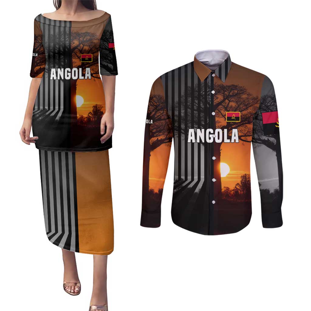Angola Couples Matching Puletasi and Long Sleeve Button Shirt with Sunset Zebra Design and African Nature - Wonder Print Shop