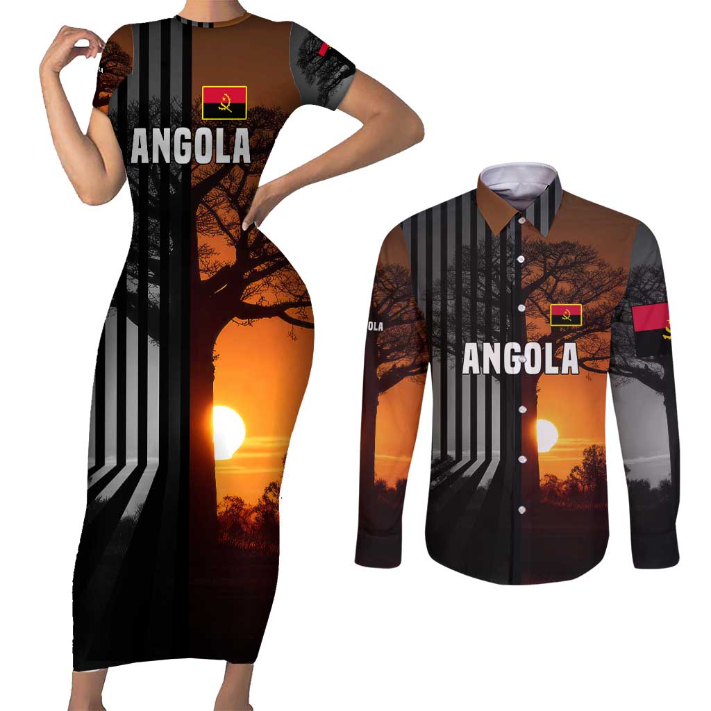 Angola Couples Matching Short Sleeve Bodycon Dress and Long Sleeve Button Shirt with Sunset Zebra Design and African Nature - Wonder Print Shop