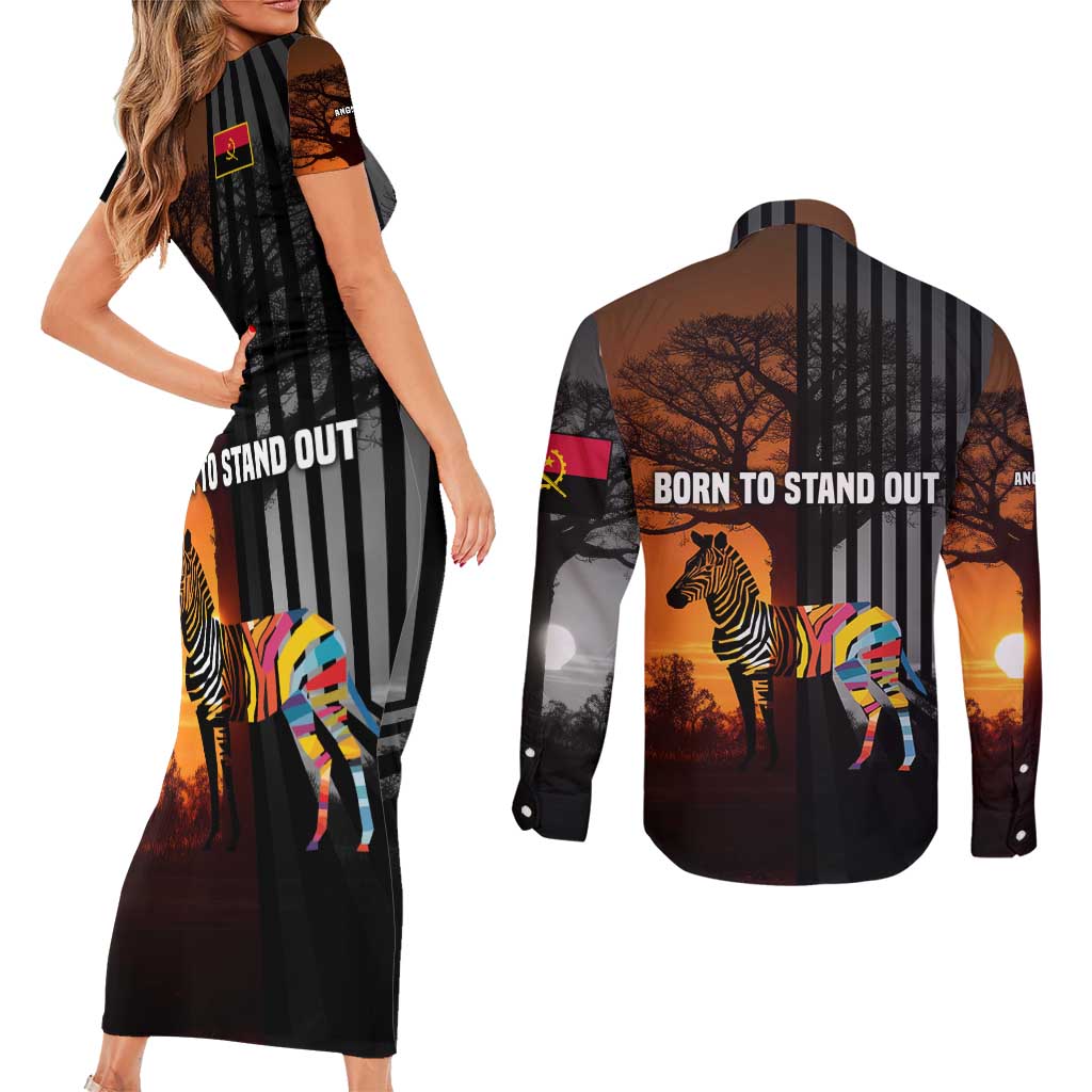 Angola Couples Matching Short Sleeve Bodycon Dress and Long Sleeve Button Shirt with Sunset Zebra Design and African Nature - Wonder Print Shop