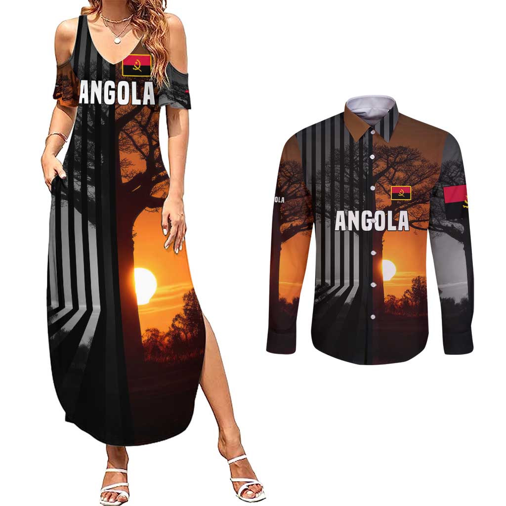 Angola Couples Matching Summer Maxi Dress and Long Sleeve Button Shirt with Sunset Zebra Design and African Nature - Wonder Print Shop