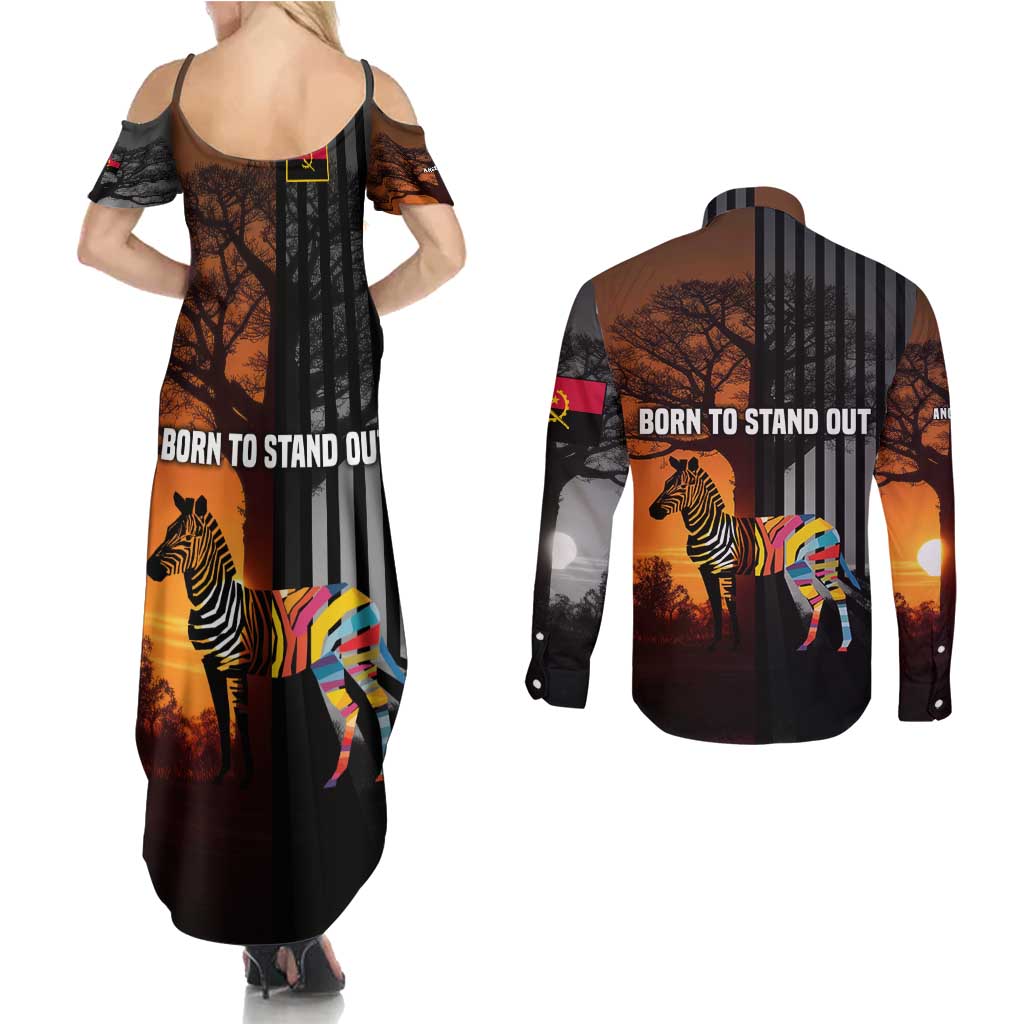 Angola Couples Matching Summer Maxi Dress and Long Sleeve Button Shirt with Sunset Zebra Design and African Nature - Wonder Print Shop
