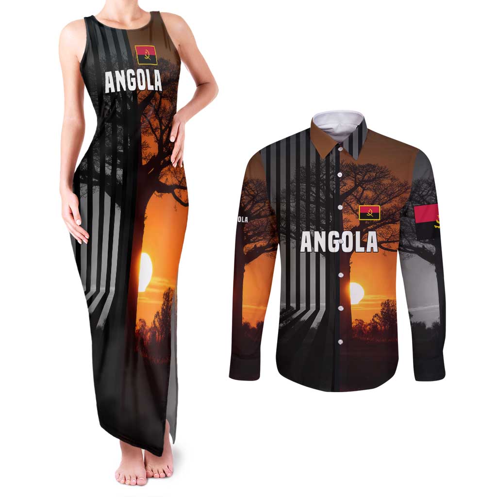 Angola Couples Matching Tank Maxi Dress and Long Sleeve Button Shirt with Sunset Zebra Design and African Nature - Wonder Print Shop