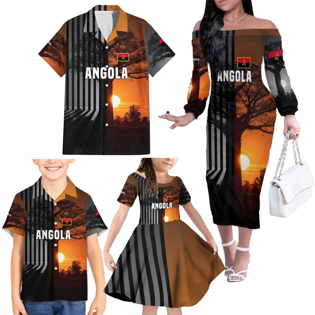 Angola Family Matching Off The Shoulder Long Sleeve Dress and Hawaiian Shirt with Sunset Zebra Design and African Nature - Wonder Print Shop