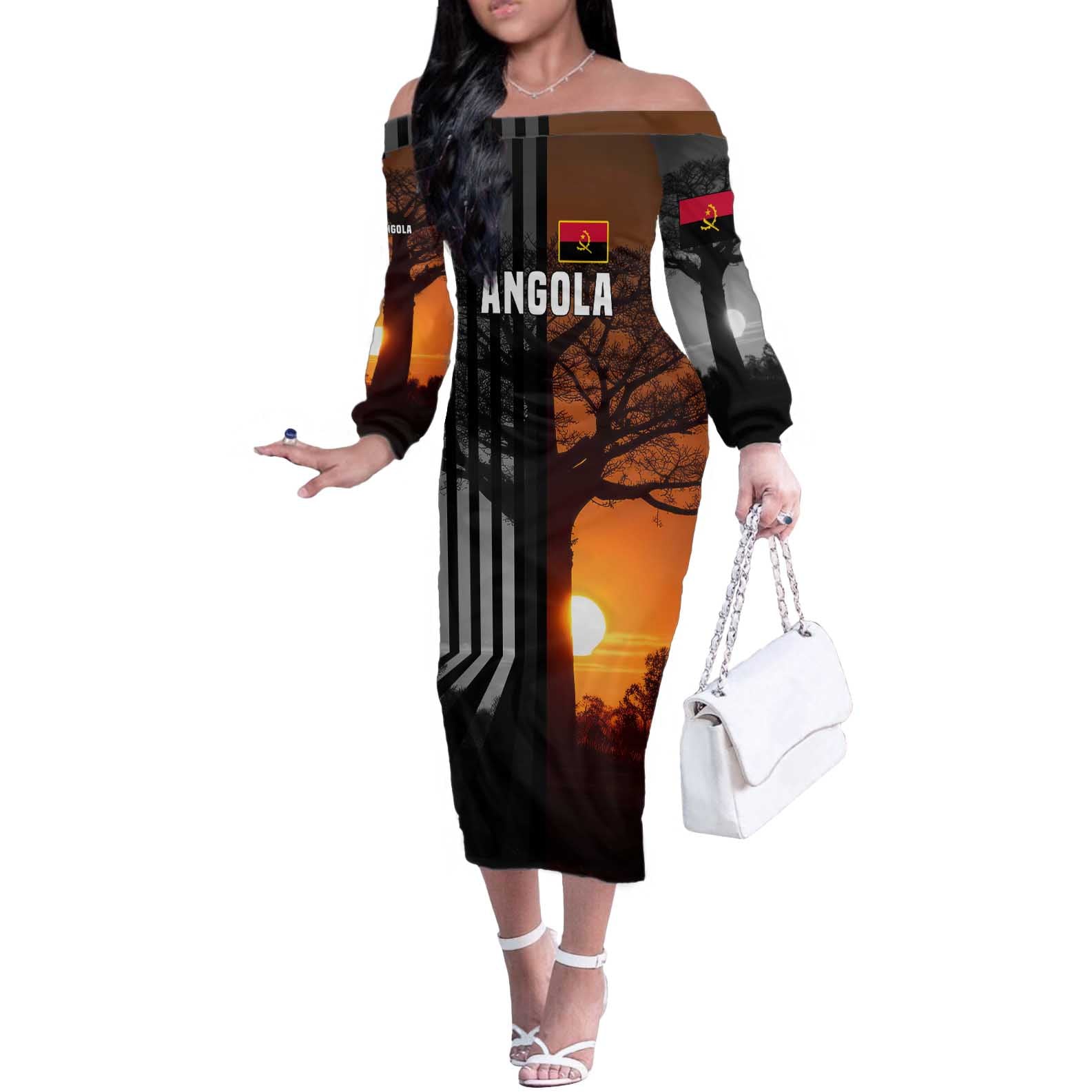 Angola Off The Shoulder Long Sleeve Dress with Sunset Zebra Design and African Nature - Wonder Print Shop