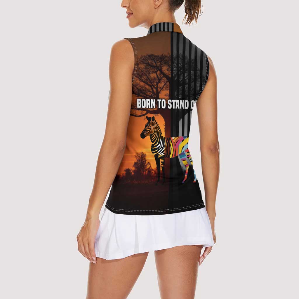 Angola Women Sleeveless Polo Shirt with Sunset Zebra Design and African Nature - Wonder Print Shop