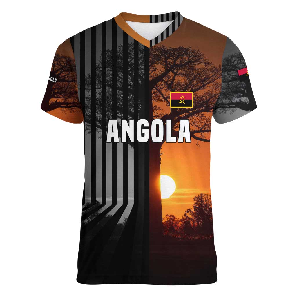Angola Women V-Neck T-Shirt with Sunset Zebra Design and African Nature - Wonder Print Shop