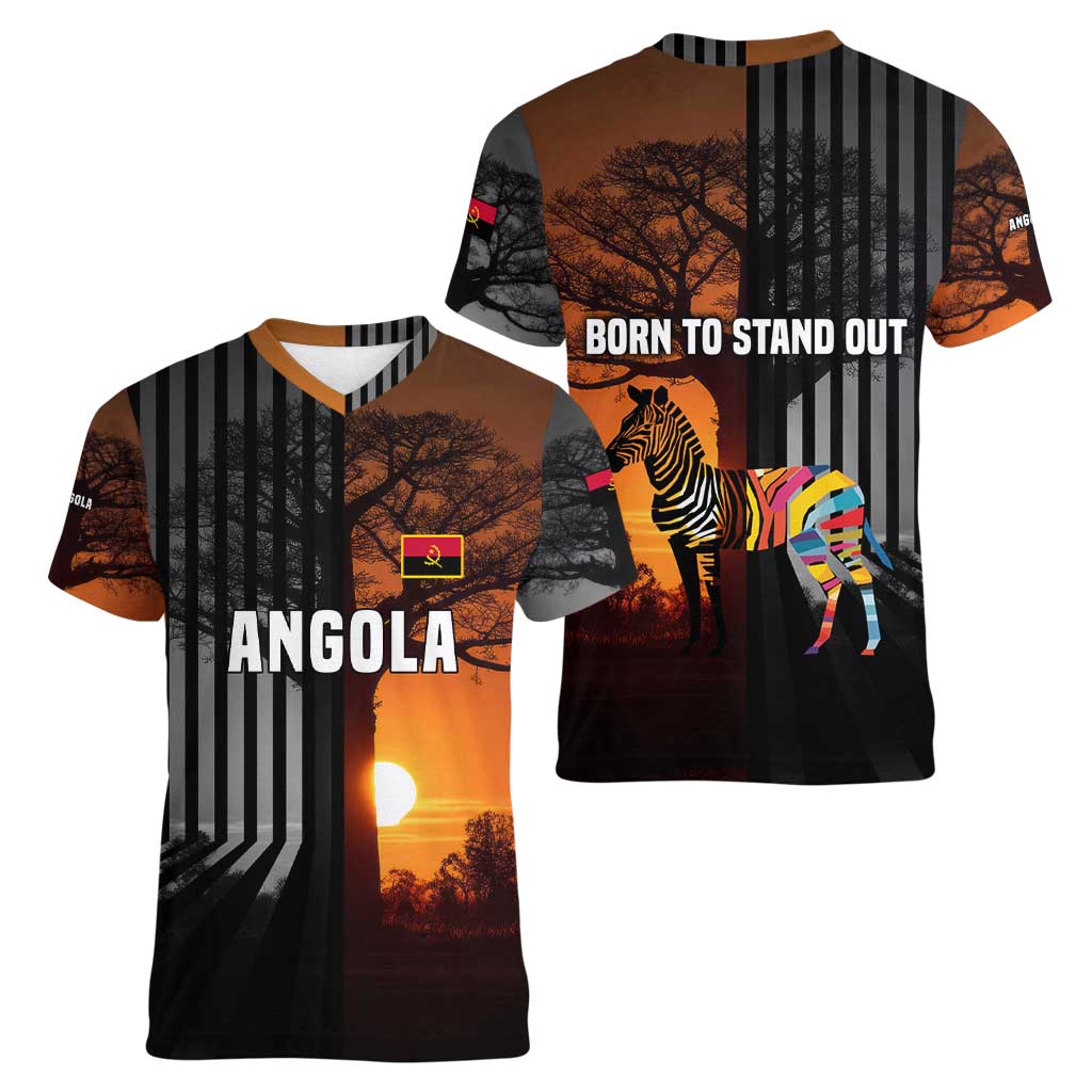 Angola Women V-Neck T-Shirt with Sunset Zebra Design and African Nature - Wonder Print Shop