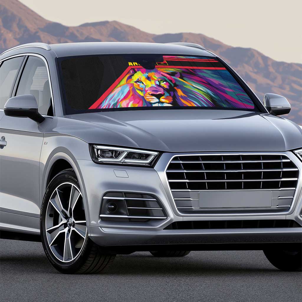 Angola Auto Sun Shade with Multicolor Tribal Design and Vibrant Lion - Wonder Print Shop