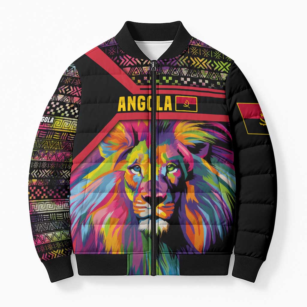 Angola Bomber Puffer Jacket with Multicolor Tribal Design and Vibrant Lion - Wonder Print Shop