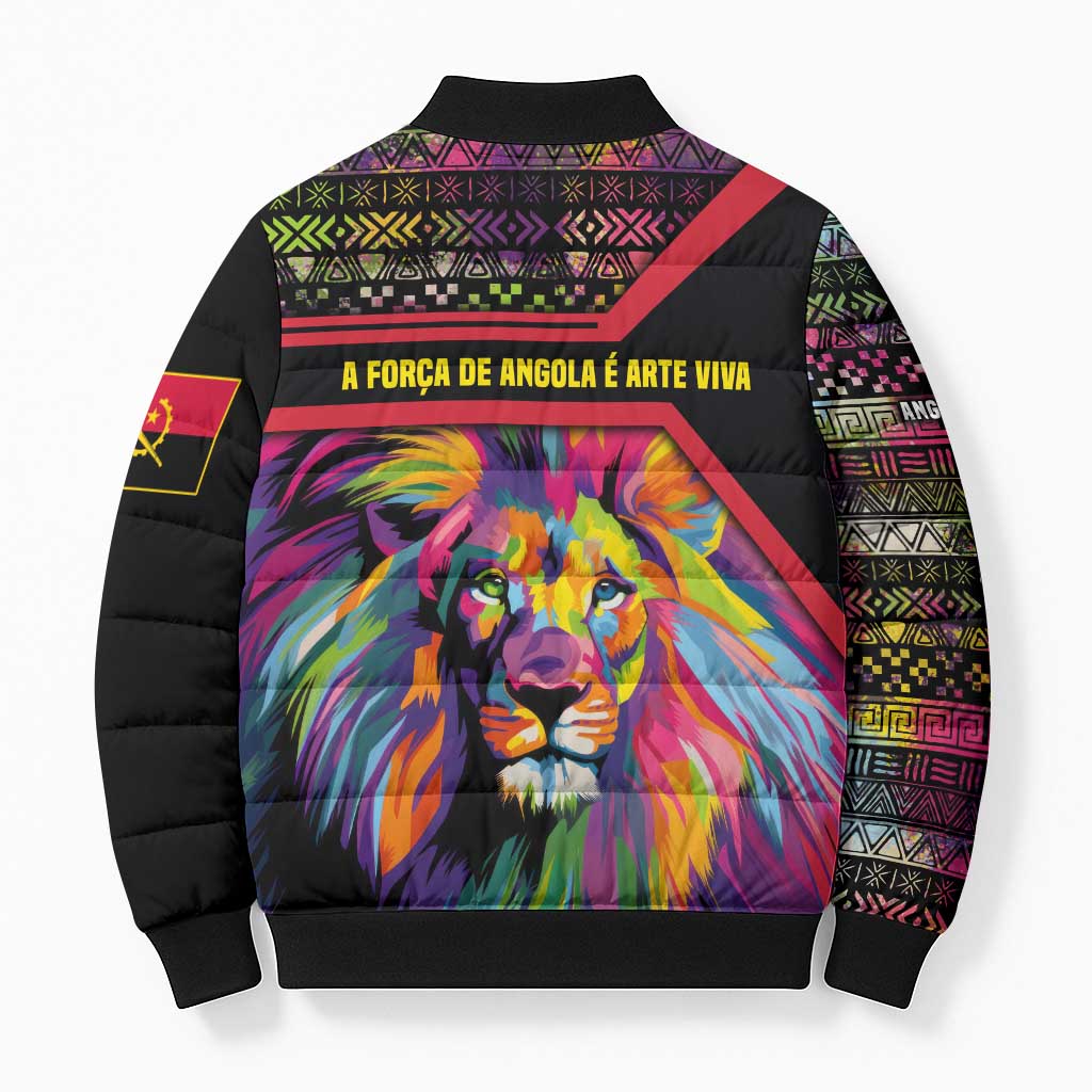Angola Bomber Puffer Jacket with Multicolor Tribal Design and Vibrant Lion - Wonder Print Shop