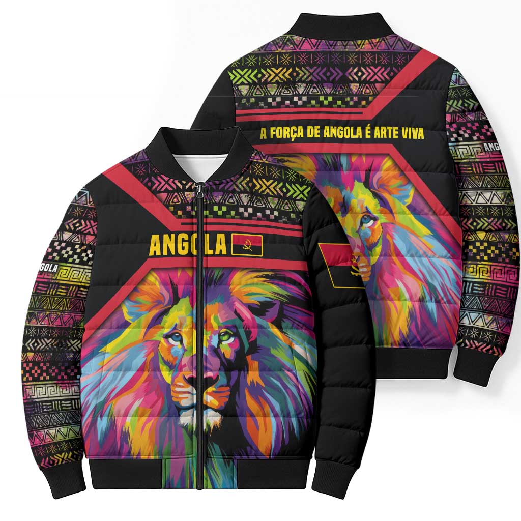 Angola Bomber Puffer Jacket with Multicolor Tribal Design and Vibrant Lion - Wonder Print Shop